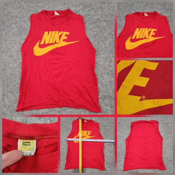 VTG 70s 1970s NIKE Mens S Small Spellout Swoosh Tank Top T Shirt Velva Sheen USA